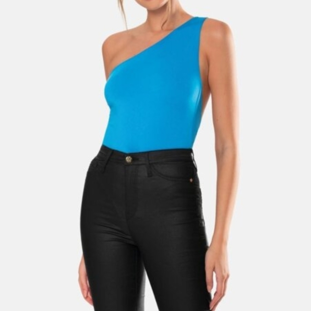 OW Collection | Ezra Cut Out Open Back One Shoulder Bodysuit Size L In Blue